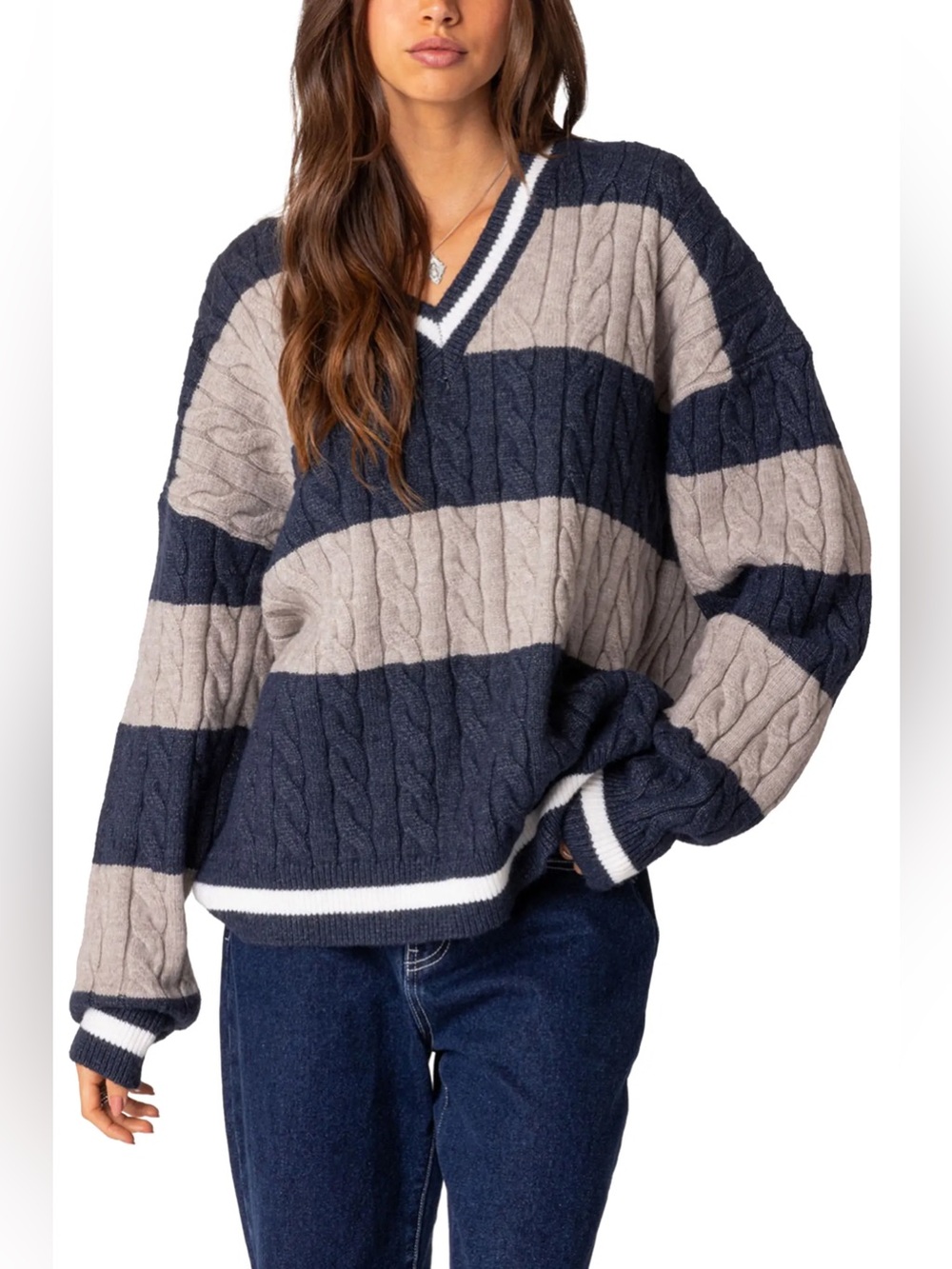 NWOT- EDIKTED Romie Cable Knit V-Neck Sweater, Navy/grey, size M/L